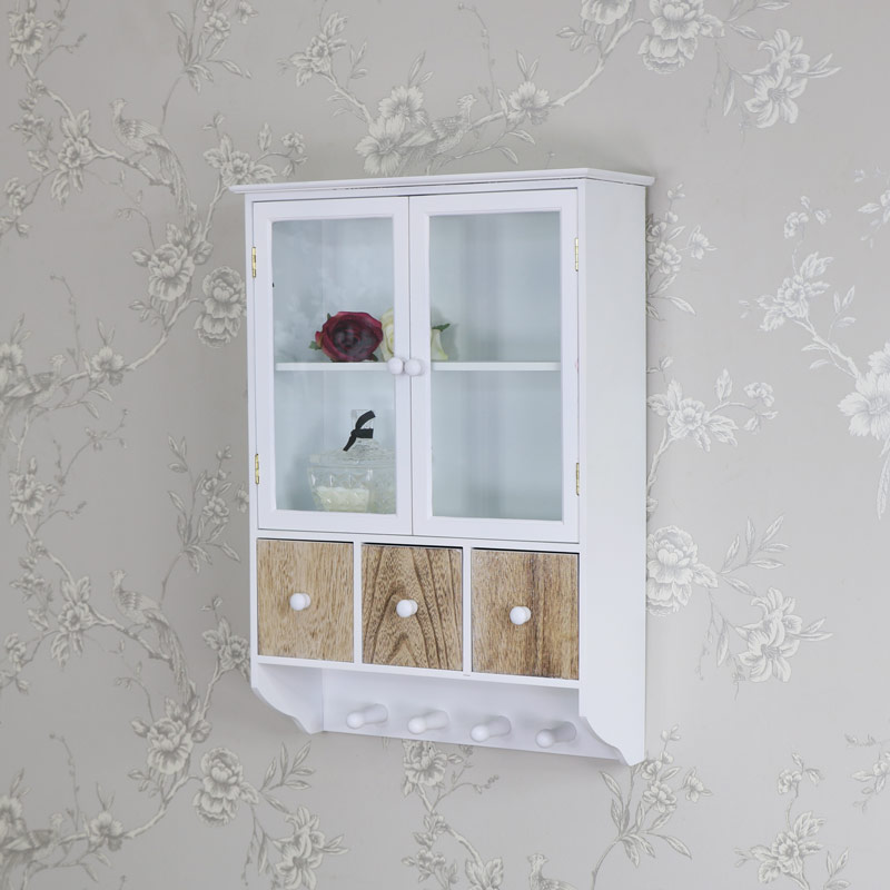 White Wooden Wall Cabinet with 3 Drawers and Hooks
