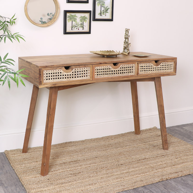 Wood Cane 3 Drawer Desk Console Table, Sofa Table Desk With Drawers