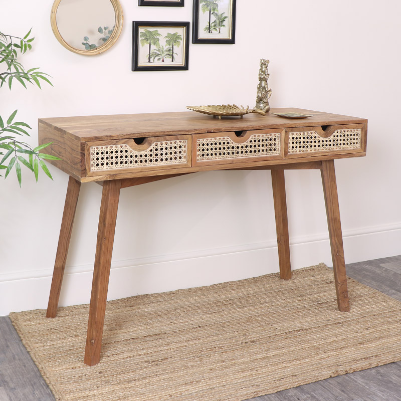 Wood Cane 3 Drawer Desk Console Table Wood Cane 3 Drawer Desk Console Table, Sofa Table Desk With Drawers