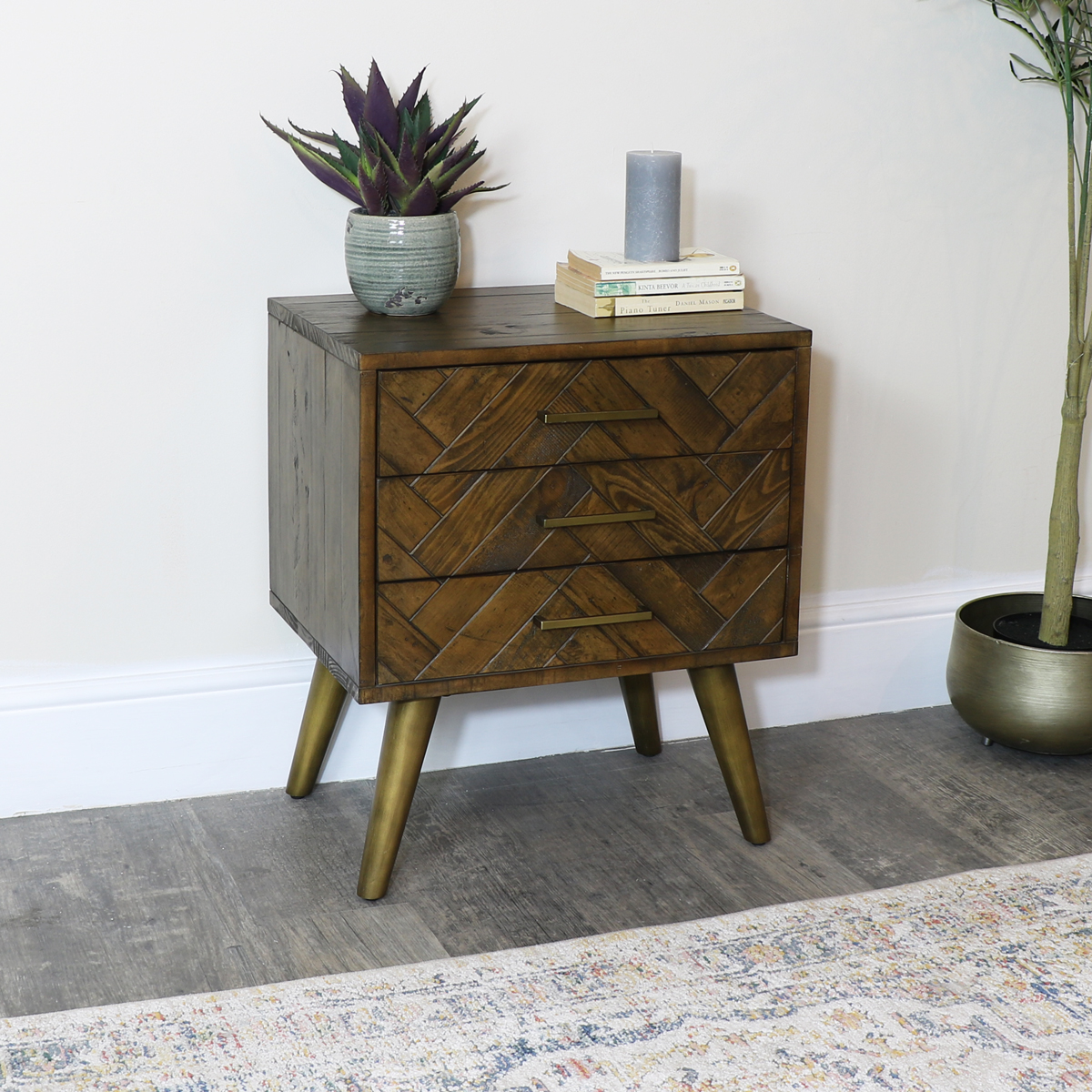 Wood & Gold 3 Drawer Bedside/ Side Table