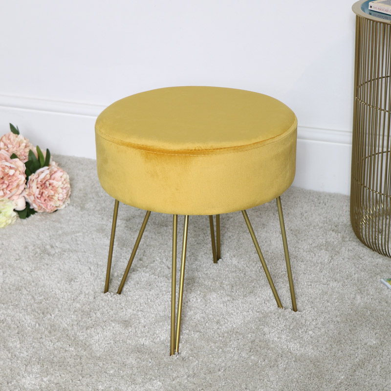 Yellow Velvet Stool with Gold Legs