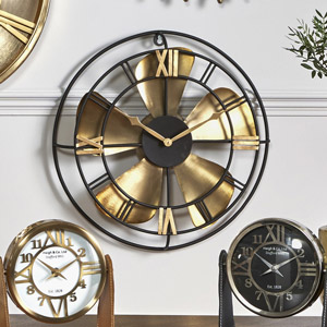 Antique Brass & Black Fan Wall Clock
