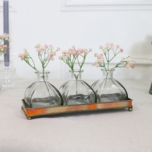 Antique Brass Display Tray With 3 Bud Vases 