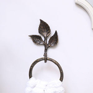 Antique Brass Leaf Detail Textured Towel Ring Holder