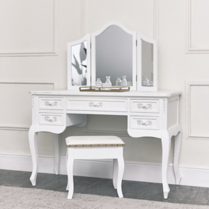 Antique White Dressing Table Desk with Triple Mirror and Stool