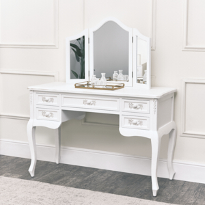 Antique White Dressing Table Desk with Triple Mirror