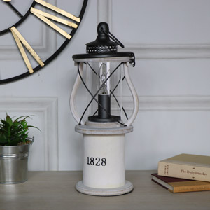 Antique White Wooden Miners Lantern Style Table Lamp