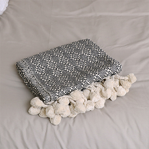 Black and White Pattern Throw with Pom Poms - 130cm x 160cm