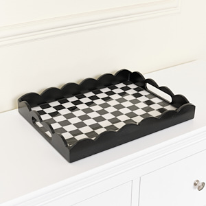 Rectangle Black Monochrome Checked Scalloped Tray