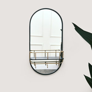 Black Oval Mirror with Shelf & Hooks