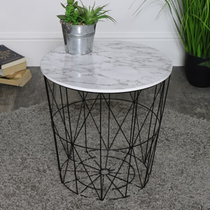 Black & White Marble Effect Wire Basket Side Table