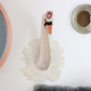 Crowned Pink Fluffy Wall Mounted Swans Head 