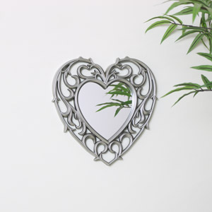 Decorative Silver Filigree Heart Shaped Wall Mounted Mirror 25.5cm x 25cm