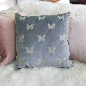 Grey & Gold Velvet Butterfly Cushion 