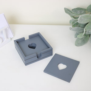 Grey Wooden Heart Coasters in Holder