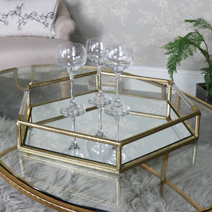 Large Antique Gold Hexagonal Mirrored Cocktail Tray