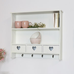 Large Pale Cream Wall Shelf with Heart Drawers