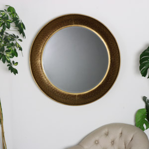 Large Round Gold Hammered Rim Wall Mirror 