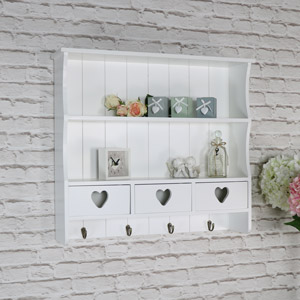 Large White Wall Shelf with Heart Drawer Storage