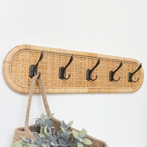 Large Black & Wooden Rattan Wall Hooks