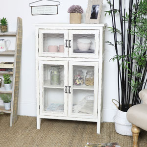 Mesh Fronted Rustic White Cabinet 