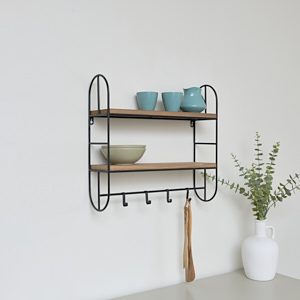 Black & Wooden Metal Framed Wall Shelf with Hanging Hooks