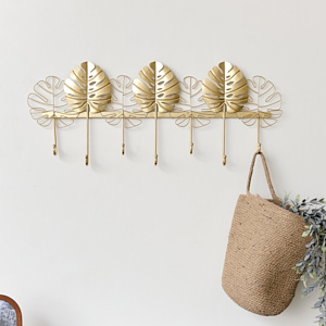Large Gold Monstera Leaf Wall Mounted Hook Rail with 7 Storage Hooks