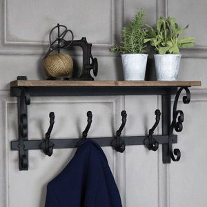 Ornate Black & Wooden Wall Shelf with Coat Hooks