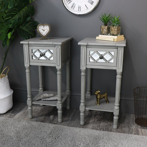 Pair of Grey Mirrored 1 Drawer Bedside/Lamp Table - Vienna Range