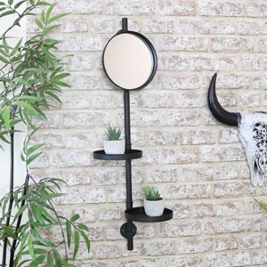 Round Black Metal Wall Mirror with Utility Shelves