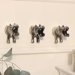 Set of 3 Silver Hippo Wall Hooks