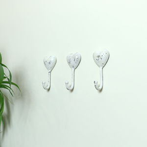 Set of 3 White Distressed Metal Heart Wall Hooks