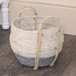 Small Round White & Grey Seagrass Basket/Waste Bin