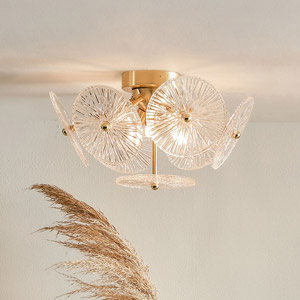 Textured Clear Glass and Gold Metal Semi-Flush Pendant Light