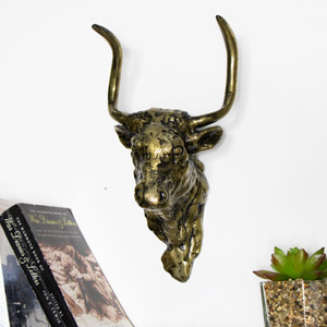 Wall Mounted Distressed Brass Coloured Metal Bulls Head