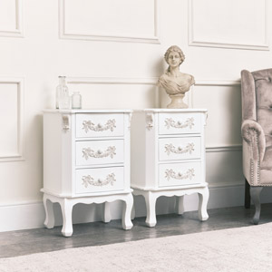 White bedroom furniture, Pair of Antique White 3 Drawer Bedside Table