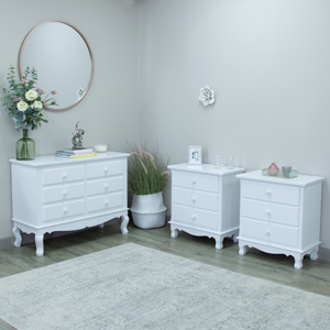 White Bedroom Set, Chest of Drawers and a Pair of Bedside Chests - Lila Range