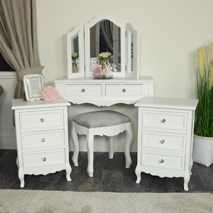 White Dressing Table, Mirror, Stool & Pair Bedside Tables