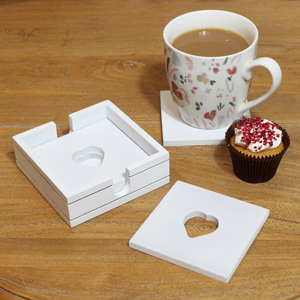 White Wooden Heart Coasters in Holder