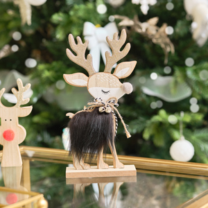 Wooden Black Fur & Gold Glitter Reindeer Ornament