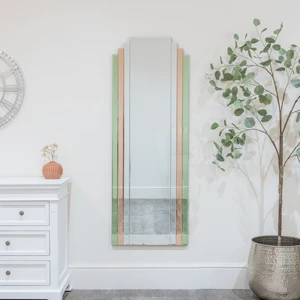 Large Frameless Pink & Green Glass Art Deco Wall Mirror