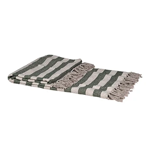 Large Green & Cream Striped Tassel Throw - 152cm x 140cm