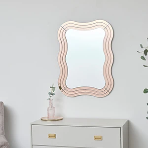 Pink Glass Art Deco Wavy Wall Mirror - 80cm x 60cm